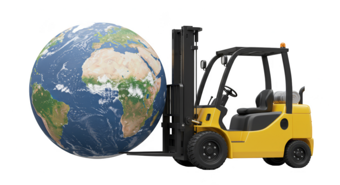 3D Render of Forklift Moving Earth Globe in Global Delivery