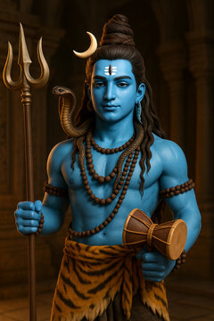 Stunning 3D Lord Shiva Digital Art &ndash; High-Quality Hindu God Illustration in Temple Setting