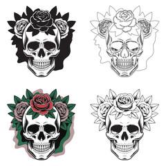 Fototapeta premium Elegant, vibrant retro-styled traditional tattoo art print Human skull silhouette in black and white, crowned with roses and leaves.