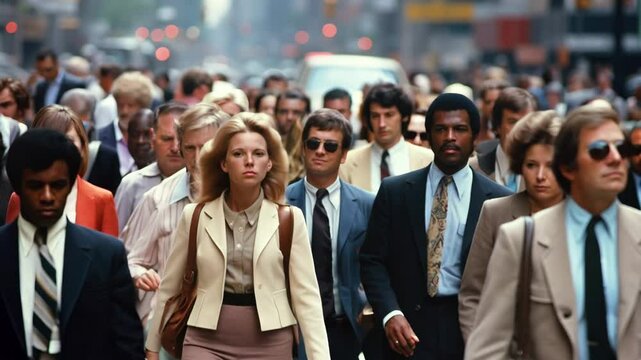 Crowd of people walking street old vintage film style