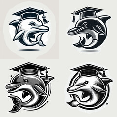 Dolphin. With Graduation Diploma Cap Graduate Clipart Line Art Vector Illustration. Aquatic mammal explore intelligent sea creature ocean wildlife and marine fauna.