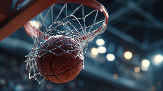 A basketball sails through the hoop, swishing cleanly through the net as it scores a point