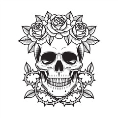 Fototapeta premium Elegant, vibrant retro-styled traditional tattoo art print Human skull silhouette in black and white, crowned with roses and leaves.