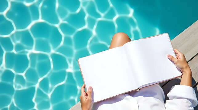 Reading by Poolside with Water Reflection
