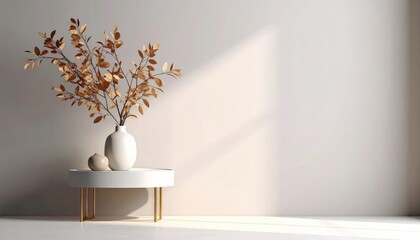 Elegant arrangement of dried leaves in a modern vase minimalist interior still life photography bright natural light contemporary design