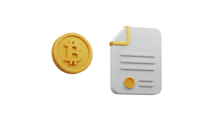 3D Rendered Bitcoin Contract Golden and White Isolated Transparent
