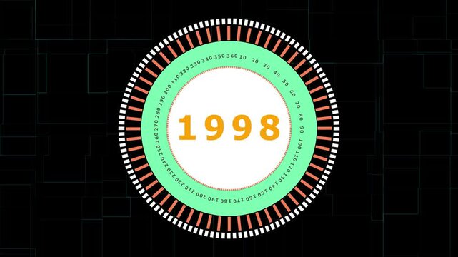 Abstract Digital Countdown Clock Animation Featuring Year 1998 Futuristic Circular Design with