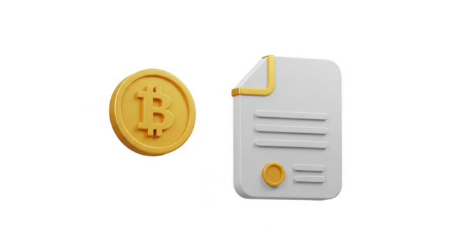3D Rendered Bitcoin Contract Golden and White Isolated Transparent