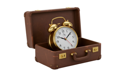 3D Illustration of Gold Alarm Clock in Brown Vintage Suitcase Time Travel