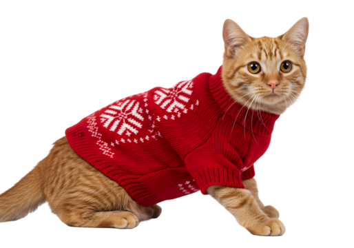 Isolated Ginger Cat Wearing A Red Christmas Sweater In Transparent Background