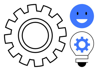 Large gear, blue smiling face, lightbulb with gear concept. Ideal for teamwork, creativity, innovation, problem-solving, efficiency technology idea generation. Simple flat metaphor