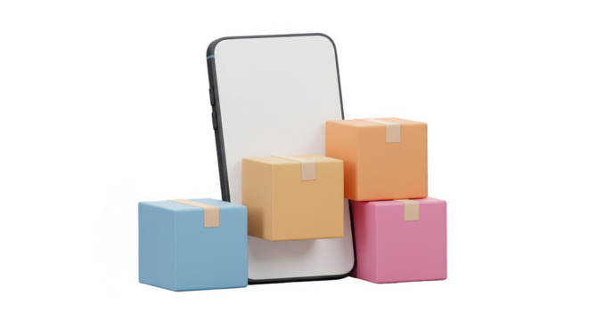 3D Illustration of Mobile Phone with Pastel Delivery Boxes Isolated