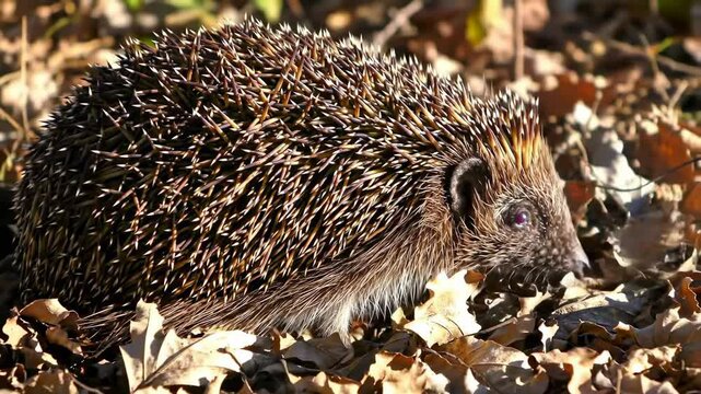 Close up woodland hedgehog on autumn leaves natural light