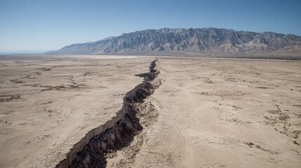 Crustal fault intersecting a dried lakebed with visible linear disruption