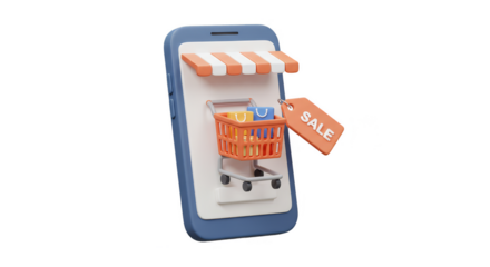 3D Online Shopping on Mobile Store with Sale Tag Illustration