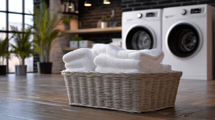 A laundry basket brimming with white towels sits next to sleek, contemporary washing machines in a stylish modern home