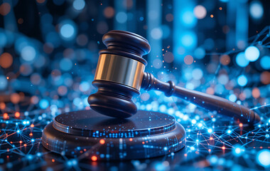 Futuristic Concept of Legal Justice and Digital Technology with Gavel Surrounded by Glowing Network Pattern, Symbolizing Cyber Law, AI Policy, and Blockchain Regulation