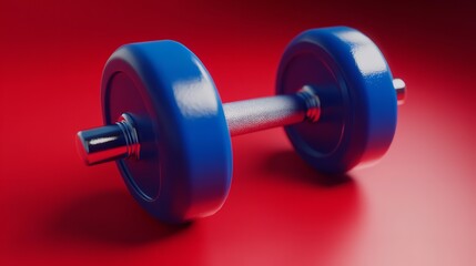 Fototapeta premium Blue dumbbell weight fitness equipment for strength training and workout on red background for exercise silhouette
