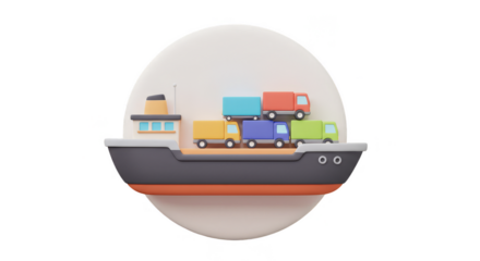 3D Maritime Cargo Ship Transport with Trucks Transparent Background