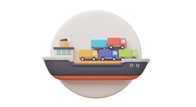 3D Maritime Cargo Ship Transport with Trucks Transparent Background