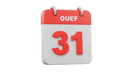 3D Rendered Calendar Date 31st Red White Isolated Transparent Background