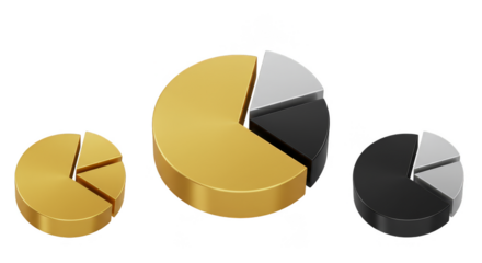 3D Pie Charts Gold Black Silver Diagram Data Transparent Background