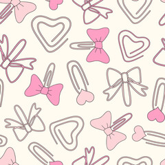 Preppy Coquette Schoolgirl Vector Seamless Pattern with Girly School stationery Paperclips in Ribbon Bow and Heart Shapes. Perfect for back to school designs, stationery, digital paper, planner