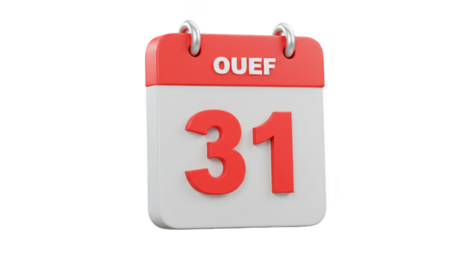 3D Rendered Calendar Date 31st Red White Isolated Transparent Background - Powered by Adobe