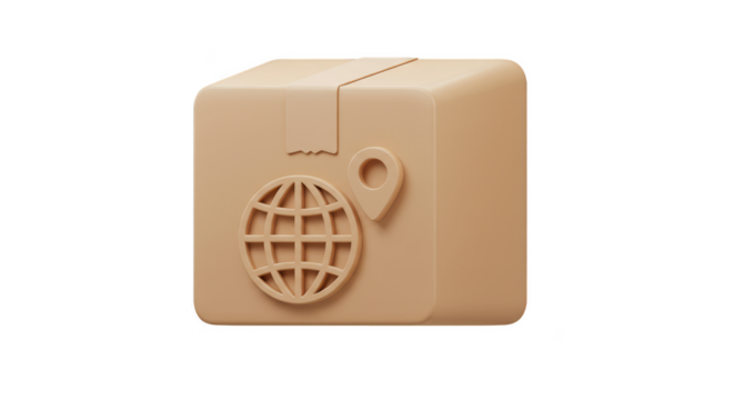 3D Package Delivery Globe Location and Shipping Box with Transparent BG