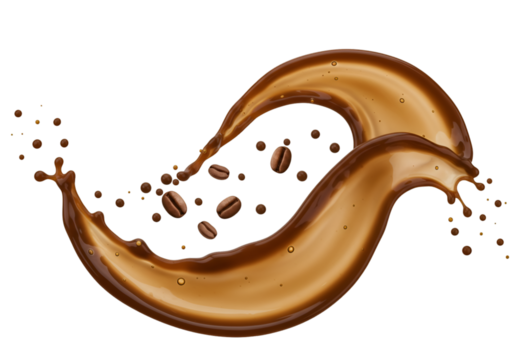 Illustration Coffee Splash with Liquid Swirl and Brown Beans Isolated