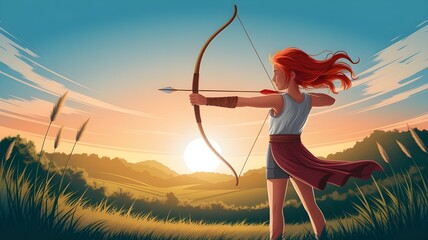 Illustration of a Female Archer Aiming a Bow at Sunset in a Scenic Landscape with Flowing Hair, Symbolizing Strength, Focus, and Outdoor Adventure