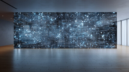 Futuristic Pink Neural Network Light Wall in Dark Room