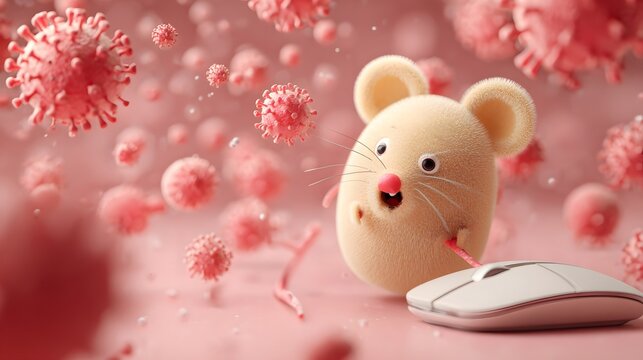 Cute cartoon mouse interacting with a computer mouse amidst floating pink virus particles, symbolizing digital health