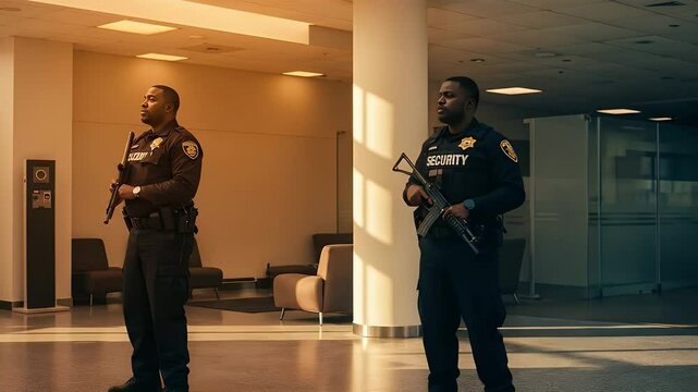 Two Security Guards in Dark Uniforms Vigilantly Standing at Attention in Bright Lobby with Subtle Loop Animation