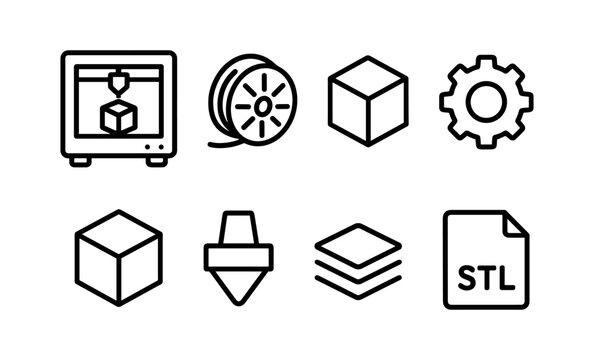 Linear 3d printing icons set featuring printer, filament, cube, gear, and stl file