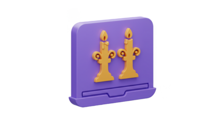 3D Rendering Candle Symbol Gold Flames Vintage Icons on Purple