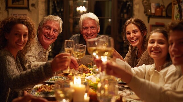 Multigenerational family smiling and toasting in a thanksgiving dinner table