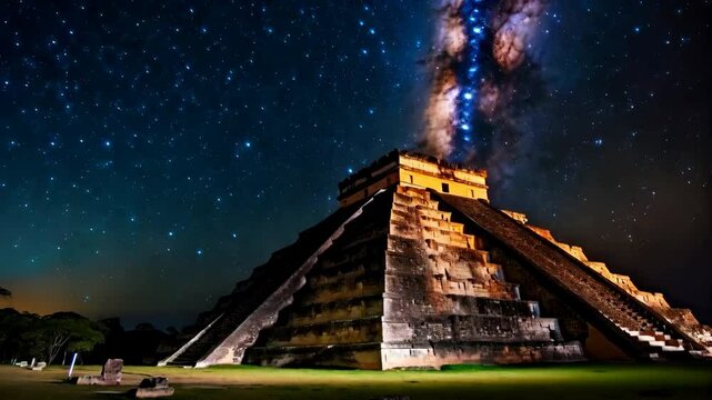 Chichen itza illuminated pyramid under milky way galaxy