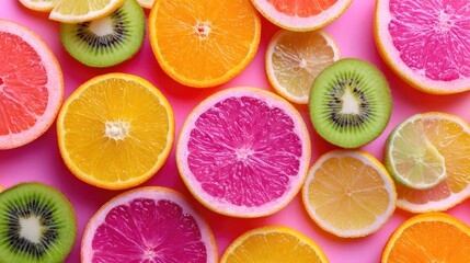 Fototapeta premium Image of various fresh fruits such as oranges, kiwis, strawberries, and grapefruits arranged in bright rainbow tones.