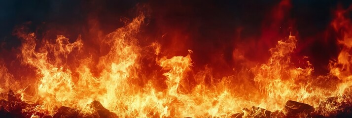 Intense Wildfire Landscape with Fiery Flames and Dark Embers Creating a Dangerous Atmosphere
