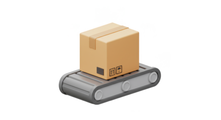 3D Rendering Conveyor Belt with Box Package Delivery on Transparent