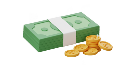 3D Render Pile of Money and Golden Coins Transparent Background