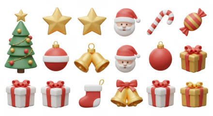 3d Rendering Christmas Ornaments Tree Santa Gifts Transparent Background