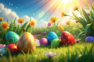 Fototapeta premium Easter Egg Hunt Backyard Fun: Colorful Eggs Hidden in Spring Garden