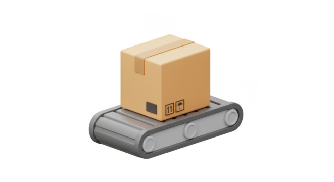 3D Rendering Conveyor Belt with Box Package Delivery on Transparent