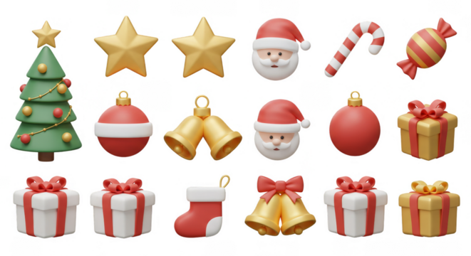 3d Rendering Christmas Ornaments Tree Santa Gifts Transparent Background