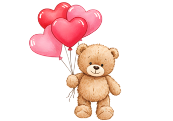 Illustration Cute Teddy Bear with Heart Balloons for Valentines Day