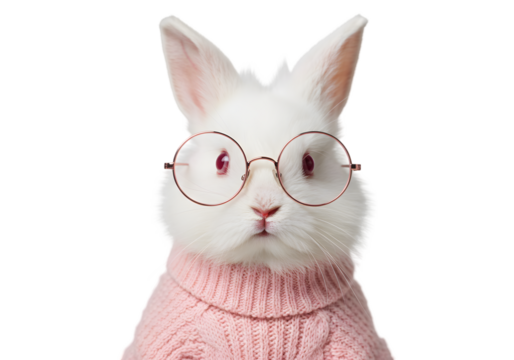 Illustration Cute White Bunny Animal Wearing Glasses and Pink Sweater Isolated
