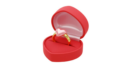 3D Rendering Golden Wedding Ring With Heart in Red Box Isolated