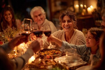 Multigenerational family smiling and toasting in a thanksgiving dinner table